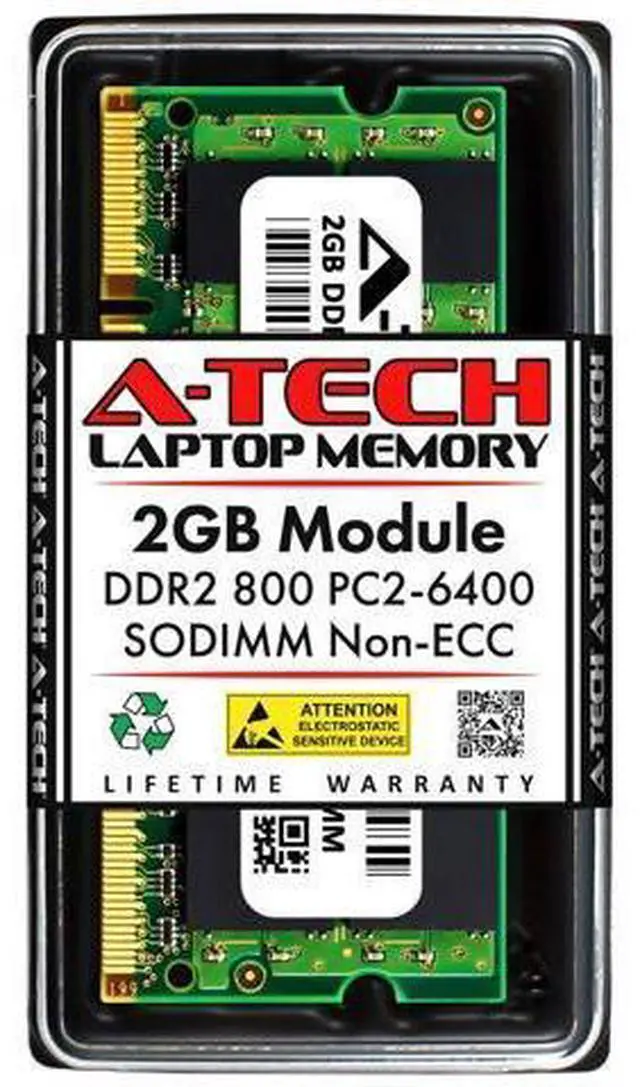 Main image of A-Tech 2GB DDR2 800MHz SODIMM PC2-6400 1.8V CL6 200-Pin Non-ECC Unbuffered Laptop RAM Memory Upgrade Module