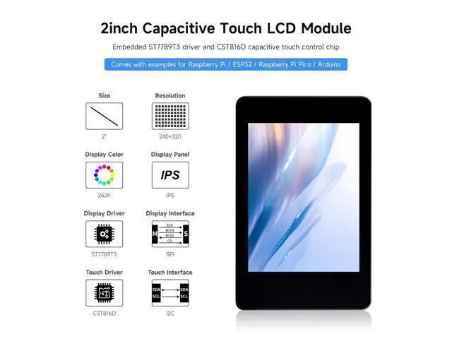 Alt view image 3 of 5 - Waveshare 2inch Capacitive Touch Display Module, Compatible with Raspberry Pi 5/4B/3B/Pico/Pico W/Pico WH, ESP32, IPS Display, 262K Colors, 240×320 Resolution