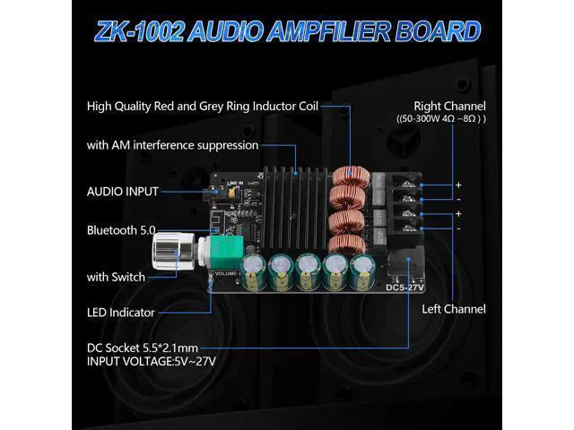 Alt view image 5 of 7 - ZK-1002 Bluetooth 5.0 Audio Amplifier Board, 100W x 2 2.0 Channel Mini HiFi Power Amplifier Receiver with Volume Control, BT and AUX Inputs, DC 5-27V Stereo AMP Module for Home DIY Speakers