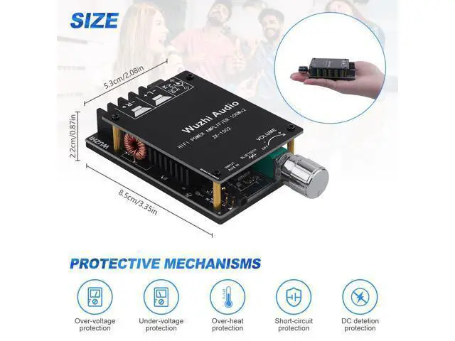 Alt view image 7 of 7 - ZK-1002 Bluetooth 5.0 Audio Amplifier Board, 100W x 2 2.0 Channel Mini HiFi Power Amplifier Receiver with Volume Control, BT and AUX Inputs, DC 5-27V Stereo AMP Module for Home DIY Speakers