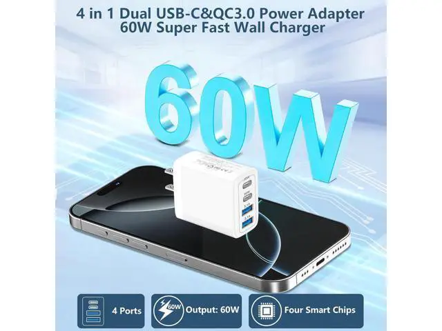 Alt view image 2 of 7 - USB C Charger Block, Linocell 2Pack 60W 4Port USB C Wall Chargers Adapter Dual PD&QC Power Type C Fast Charging USB-A Charger Compatible for iPhone 17 17 Pro Max 16 15 14 13 12 11/Galaxy S25 S24/Pixel
