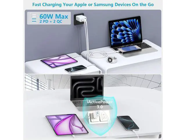 Alt view image 7 of 7 - USB C Charger Block, Linocell 2Pack 60W 4Port USB C Wall Chargers Adapter Dual PD&QC Power Type C Fast Charging USB-A Charger Compatible for iPhone 17 17 Pro Max 16 15 14 13 12 11/Galaxy S25 S24/Pixel