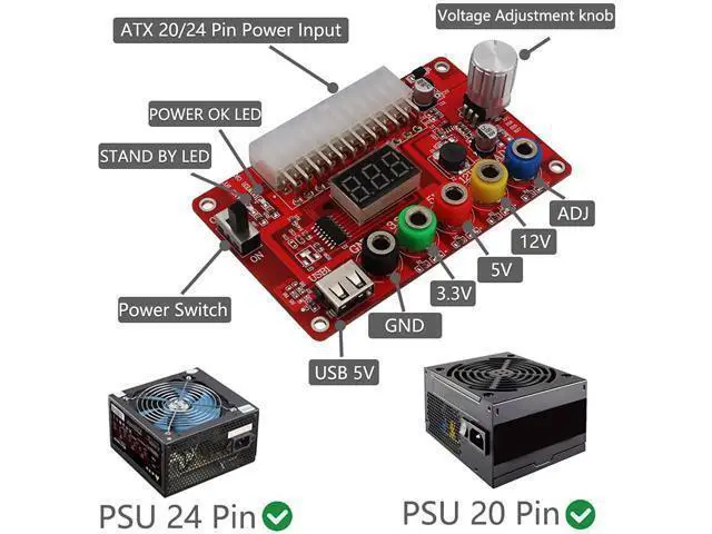 Alt view image 5 of 7 - ATX 24 Pins Power Supply Breakout Board and Acrylic Case Kit Module Adapter Power Connector Support 3.3V/5V/12V 1.8V-10.8V(ADJ)
