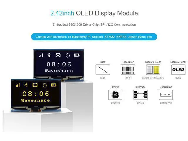 Alt view image 2 of 5 - waveshare 2.42inch OLED Display Module 12864 Resolution for Raspberry Pi/forArduino/STM32/ESP32/Jetson Nano, with SSD1309 Driver Chip SPI / I2C Communication 3.3V / 5V, White Display Color