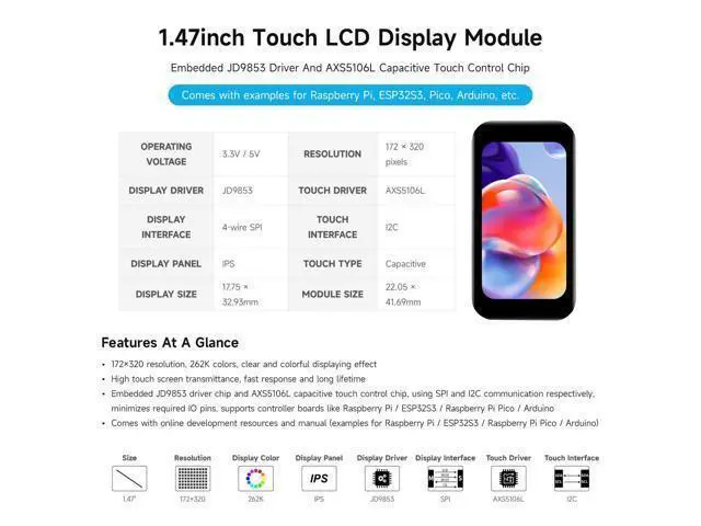 Alt view image 3 of 5 - Waveshare 1.47inch LCD Display Module with Touch Panel, Compatible with Raspberry Pi/Pi Pico/ ESP32S3, Micro LCD Display, 172320 Resolution, IPS, SPI and I2C Communication, 262K Display Color
