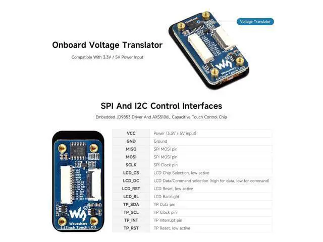 Alt view image 4 of 5 - Waveshare 1.47inch LCD Display Module with Touch Panel, Compatible with Raspberry Pi/Pi Pico/ ESP32S3, Micro LCD Display, 172320 Resolution, IPS, SPI and I2C Communication, 262K Display Color
