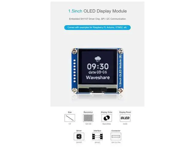 Alt view image 5 of 5 - Coolwell 1.5 Inch OLED Display Module for Raspberry Pi Arduino STM32 SPI / I2C Communication 128128 Black/White Display Color Embedded SH1107