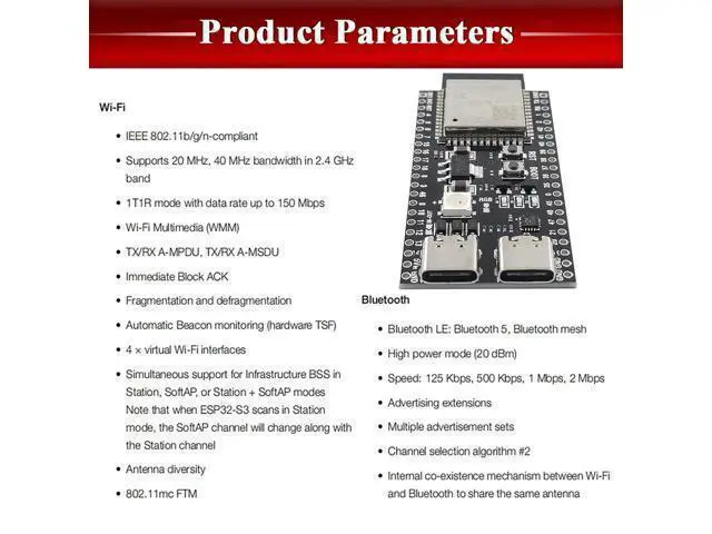 Alt view image 4 of 7 - 3PCS ESP32 S3 Development Board 2.4G WiFi BT Module Internet of Things ESP32-S3-WROOM-1 N16R8 MCU 44Pin 8M PSRAM with 1pc 50CM Type-C Cable Set