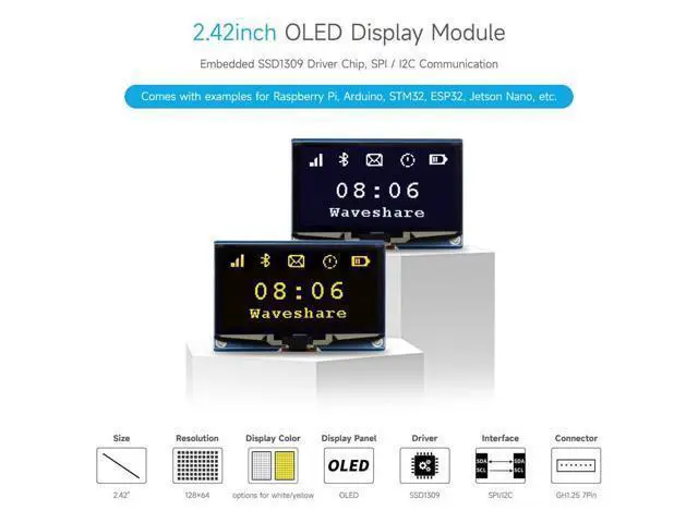 Alt view image 3 of 5 - Waveshare 2.42inch OLED Display Module, 12864 Resolution, SPI / I2C Communication, White Version
