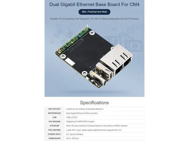 Alt view image 2 of 5 - Waveshare Mini Dual Gigabit Ethernet Base Board Compatible with Raspberry Pi Compute Module 4 Suitable for All Variants of Compute Module 4, Only Including CM4-DUAL-ETH-MINI Baseboard