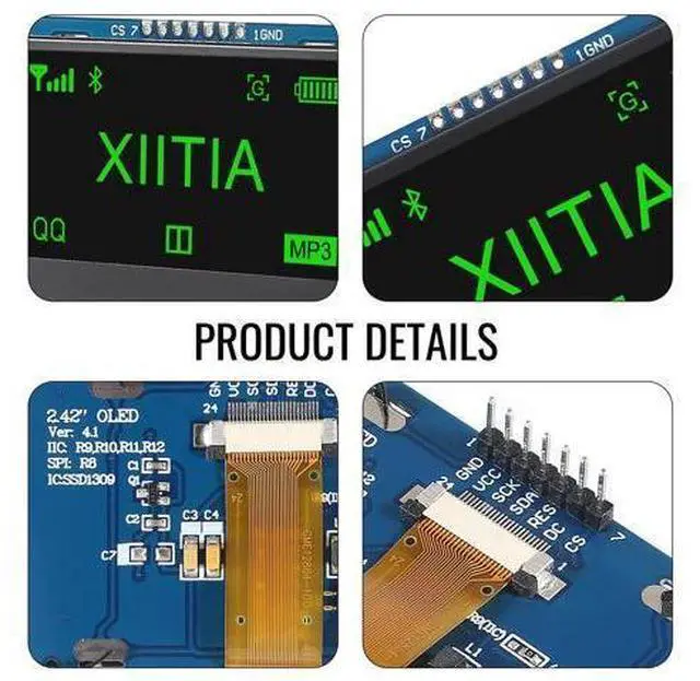 Alt view image 4 of 5 - XIITIA 2pcs 2.42 inch 128x64 OLED LCD Display Module SSD1309 7 Pin SPI/IIC I2C Serial Interface for Arduino UNO R3 (Green Light)