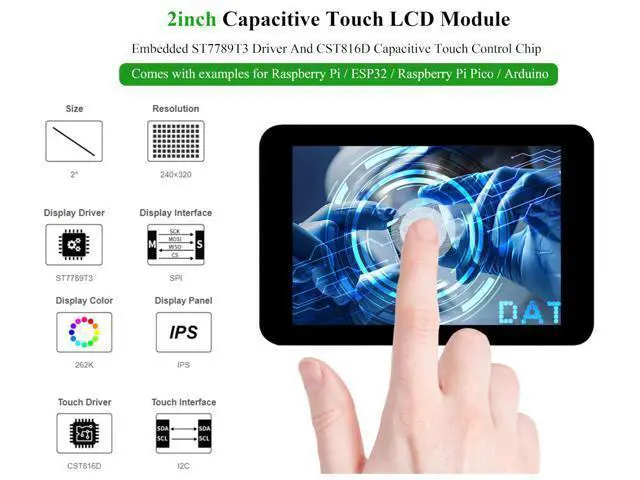 Alt view image 2 of 5 - 2inch IPS Touch Screen Compatible with Raspberry Pi 5/4B/3B+/3B/Pi Zero/Zero W/Pi Zero 2W/Pico/Pico W/Pico 2/Pico 2W/ ESP32, 240x320 Resolution Capacitive Touch LCD Display, I2C SPI Interface