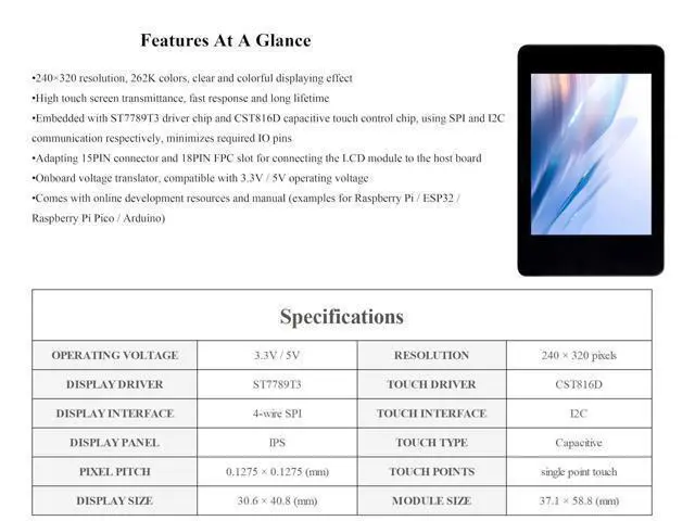 Alt view image 3 of 5 - 2inch IPS Touch Screen Compatible with Raspberry Pi 5/4B/3B+/3B/Pi Zero/Zero W/Pi Zero 2W/Pico/Pico W/Pico 2/Pico 2W/ ESP32, 240x320 Resolution Capacitive Touch LCD Display, I2C SPI Interface