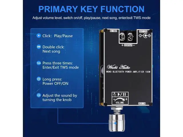 Alt view image 4 of 6 - Bluetooth Amplifier 100W Mono AMP Mini Audio Power Amplifier Module with TWS Box Matching Function, BT/AUX/USB Input, DC 7-24V DIY Speaker System Amplifiers Kit for Home Car