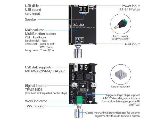 Alt view image 5 of 6 - Bluetooth Amplifier 100W Mono AMP Mini Audio Power Amplifier Module with TWS Box Matching Function, BT/AUX/USB Input, DC 7-24V DIY Speaker System Amplifiers Kit for Home Car