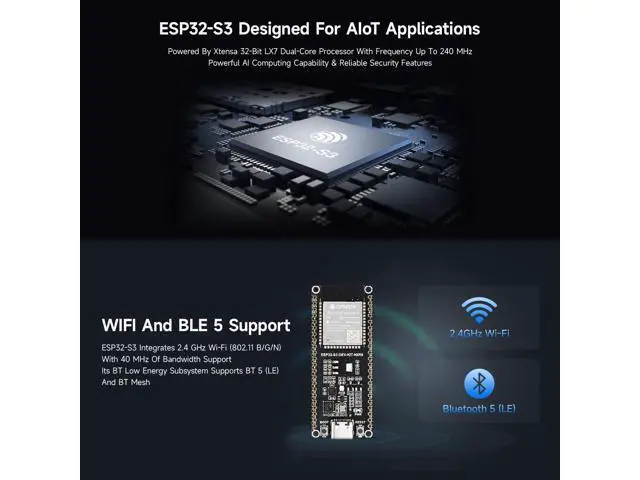 Alt view image 5 of 5 - Waveshare ESP32-S3 Microcontroller, 2.4GHz Wi-Fi Development Board, 240MHz Dual Core Processor, ESP32-S3-WROOM Module,32MB Flash and 16MB PSRAM, with Pre-soldered Headers