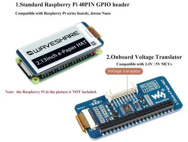 Alt view image 3 of 5 - 2.13inch E-Ink Display HAT V4 Version, Black/White Two-Color 250x122 Pixel E-Paper Module for Raspberry Pi 5/ 4B/3B+/3B/2B/A+/Zero W/WH/Zero 2 W/Jetson Nano SPI Interface, Support Partial Refresh