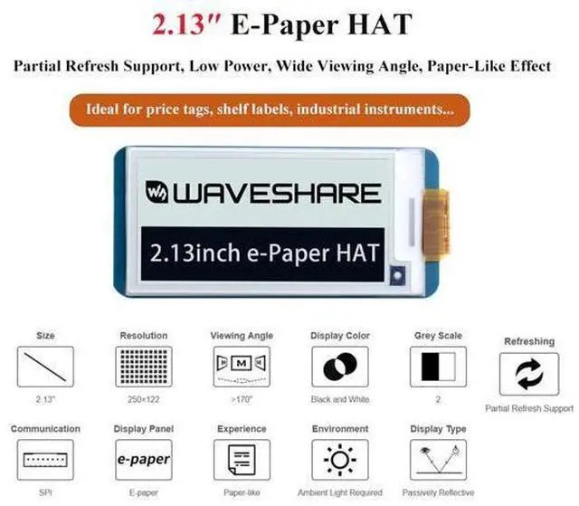 Alt view image 2 of 5 - 2.13inch E-Ink Display HAT V4 Version, Black/White Two-Color 250x122 Pixel E-Paper Module for Raspberry Pi 5/ 4B/3B+/3B/2B/A+/Zero W/WH/Zero 2 W/Jetson Nano SPI Interface, Support Partial Refresh