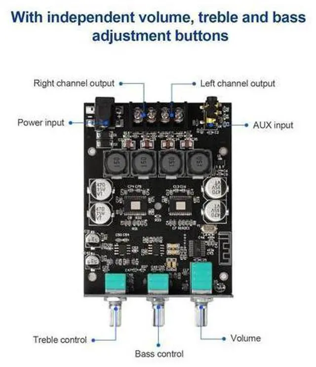 Alt view image 2 of 6 - Bluetooth Amplifier Board 2.0CH 100W*2 Mini Audio AMP with Treble and Bass Control, BT and AUX Inputs, DC 9-24V Stereo AMP Module for Home Speakers, Update Version APP Control