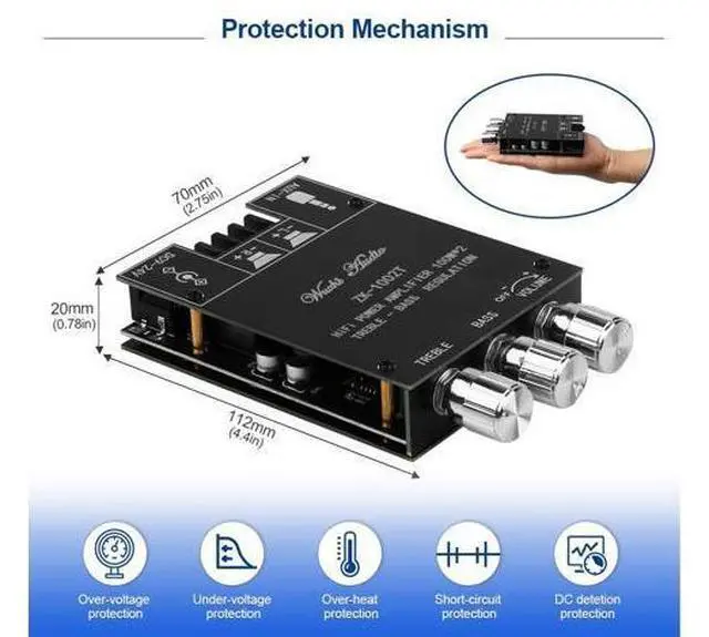 Alt view image 6 of 6 - Bluetooth Amplifier Board 2.0CH 100W*2 Mini Audio AMP with Treble and Bass Control, BT and AUX Inputs, DC 9-24V Stereo AMP Module for Home Speakers, Update Version APP Control