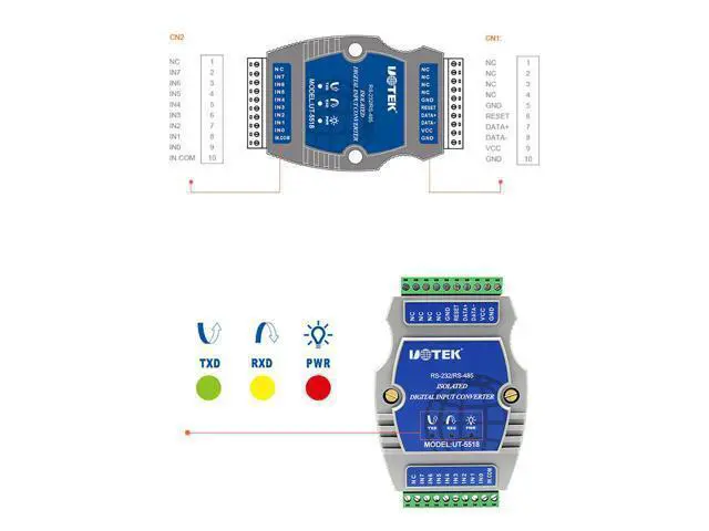 Alt view image 5 of 7 - UOTEK Digital 8 Channel Optical Isolated Wet Contact I/O Input Module Controller IO RS-232 RS-485 Adapter Modbus-RTU Support Wet and Dry Node Input UT-5518