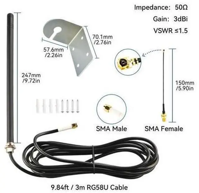Alt view image 2 of 5 - Boobrie 915Mhz LoRa Antenna with Wall Mount Bracket Omni External LoRaWAN Antenna 9.84ft RG58 Cable SMA Male + 15CM Adapter Cable for Meshtastic ESP32 LoRa V3 Development Board OLED Board LoRa Module