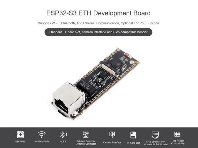 Alt view image 2 of 5 - ESP32-S3 Ethernet Dev Board onboard 10/100Mbps RJ45 ETH Port, Camera Interface, USB Type-C Port, TF Card Slot and PoE Module Header, Wi-Fi & Bluetooth Support, 240MHz Dual Core Processor