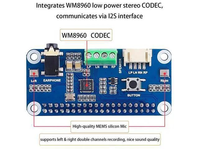 Alt view image 3 of 5 - Audio HAT Module for Raspberry Pi 4B/3B+/3B/2B/B+/A+/Zero/Zero W/Pi Zero WH,WM8960 Hi-Fi Sound Card HAT Stereo CODEC, Play/Record
