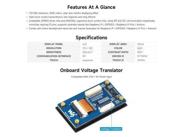 Alt view image 4 of 5 - Waveshare 1.9inch Touch LCD Display Module, Micro LCD Display, 172320 Resolution, IPS, SPI and I2C Communication, 262K Display Color