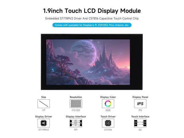 Alt view image 3 of 5 - Waveshare 1.9inch Touch LCD Display Module, Micro LCD Display, 172320 Resolution, IPS, SPI and I2C Communication, 262K Display Color