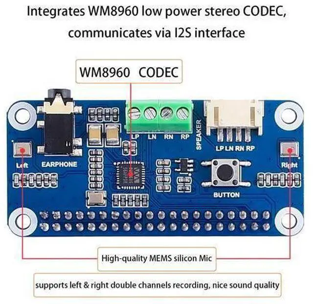 Alt view image 3 of 5 - Audio HAT Module for Raspberry Pi 4B/3B+/3B/2B/B+/A+/Zero/Zero W/Pi Zero WH,WM8960 Hi-Fi Sound Card HAT Stereo CODEC, Play/Record