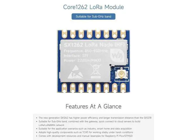 Alt view image 3 of 5 - Waveshare 2PCS Core1262 HF LoRa Module, SX1262 Chip, Meshtastic Devices,Long-Range Communication, Anti-Interference, Suitable for Sub-GHz Band