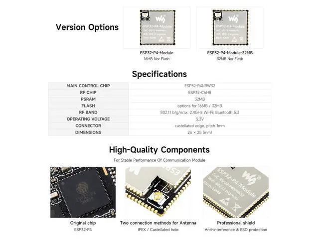 Alt view image 4 of 5 - Waveshare ESP32-P4-Module Core Board, Based On ESP32-P4 and ESP32-C6 Dual-Chip Design, Supports 2.4GHz Wi-Fi and BLE 5.3, 32MB Flash