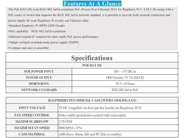 Alt view image 5 of 5 - PoE HAT Compatible with Raspberry Pi 5/Compute Module 5, Power Over Ethernet HAT 5V 5A Output, 802.3af/at Network Standard, Isolated Switched-Mode Power Supply, Support Pi5 Case & Active Cooler