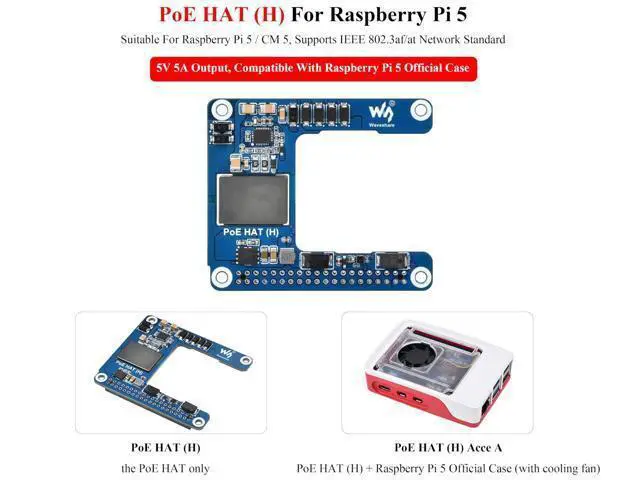 Alt view image 3 of 5 - PoE HAT Compatible with Raspberry Pi 5/Compute Module 5, Power Over Ethernet HAT 5V 5A Output, 802.3af/at Network Standard, Isolated Switched-Mode Power Supply, Support Pi5 Case & Active Cooler