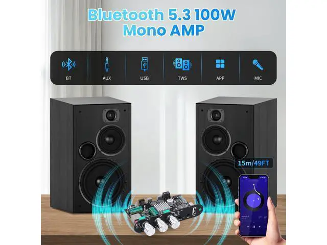 Alt view image 2 of 5 - Bluetooth5.3 Mini Amplifier Board 100W Mono Power Amp with TWS Box, Karaoke Audio Amps Module with Boost for Home/Outdoor DIY Speakers, DC 9-24V, MIC and Reverb, Supports BT/USB/AUX Inputs