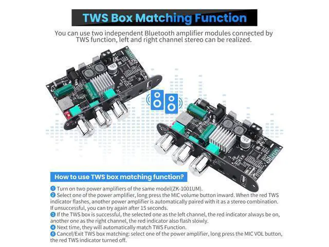 Alt view image 3 of 5 - Bluetooth5.3 Mini Amplifier Board 100W Mono Power Amp with TWS Box, Karaoke Audio Amps Module with Boost for Home/Outdoor DIY Speakers, DC 9-24V, MIC and Reverb, Supports BT/USB/AUX Inputs