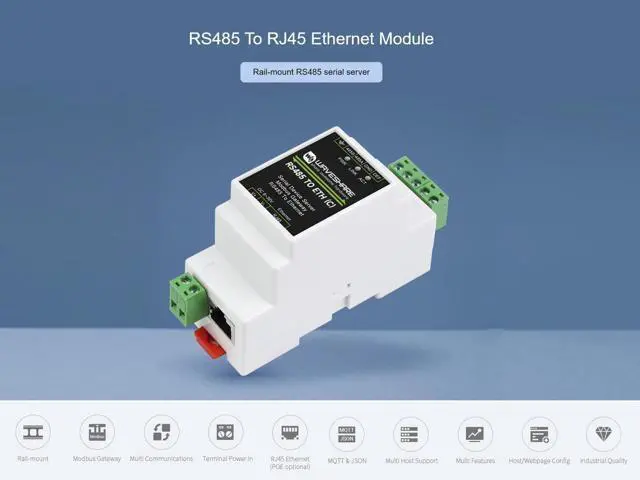 Alt view image 2 of 5 - waveshare RS485 to RJ45 Ethernet Converter Module, Industrial RS485 Serial Server, TCP/IP to Serial Module, Modbus Gateway, 6~36V Power Supply, Rail-Mount Support