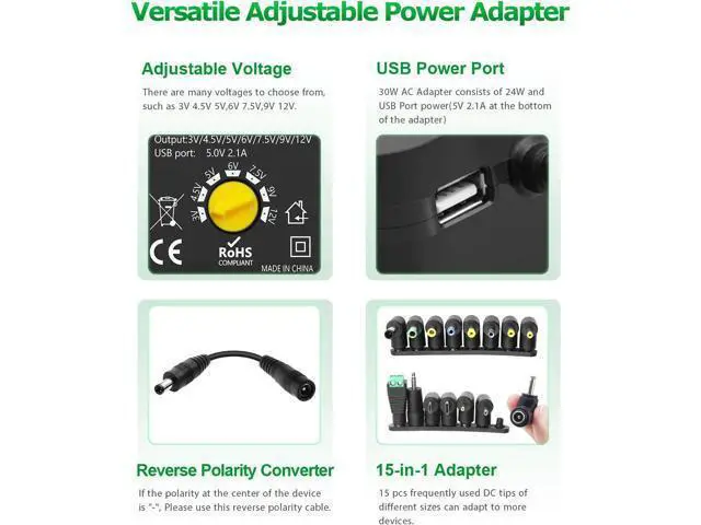 Alt view image 2 of 7 - 30W Universal AC to DC Power Adapter Adjustable Power Supply 3V 4.5V 6V 9V 12V 2A 1A DC Adapter AC 100-240V to DC 3-12V Multi Voltage Switching Power Adapter with 15 Tips + Polarity Converter