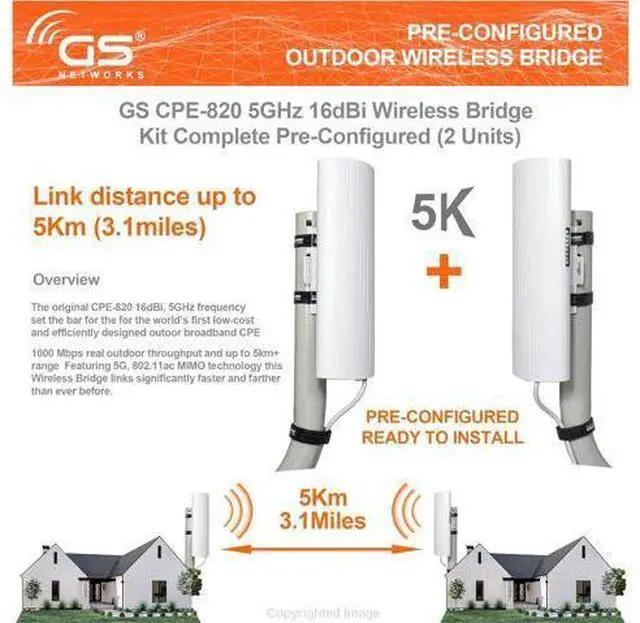 Main image of Wireless Bridge Point to Point Outdoor WiFi, Wireless Network Expansion Kit, Long Range High Speed 5G | 2 Units Bridge Kit Complete Pre-Configured - P2P 1000Mbps 5Km(2Pack)
