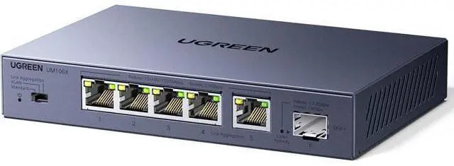 Main image of UGREEN 2.5Gb Switch, 6-Port Ethernet Switch, 5 x 2.5Gb Uplink + 1 x 10Gb SFP+, Standard/Link Aggregation to 5Gbps/VLAN 3 Modes, Plug & Play Unmanaged Splitter, Desktop/Wall Mount, Metal, for NAS, PC