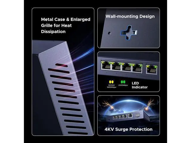 Alt view image 7 of 7 - UGREEN 2.5Gb Switch, 6-Port Ethernet Switch, 5 x 2.5Gb Uplink + 1 x 10Gb SFP+, Standard/Link Aggregation to 5Gbps/VLAN 3 Modes, Plug & Play Unmanaged Splitter, Desktop/Wall Mount, Metal, for NAS, PC