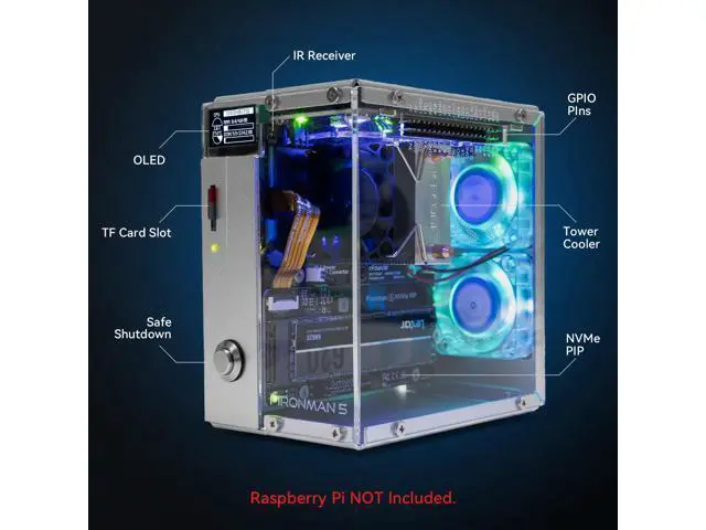 Alt view image 2 of 5 - Pironman 5 NVMe M.2 SSD PCIe Mini PC Case for Raspberry Pi 5 Hailo-8L AI Accelerator with Tower Cooler+Dual RGB Fans, 0.96'' OLED Module, Safe Shutdown, Standard HDMI, RGB Effect, Stylish Design