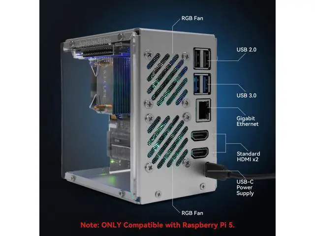 Alt view image 3 of 5 - Pironman 5 NVMe M.2 SSD PCIe Mini PC Case for Raspberry Pi 5 Hailo-8L AI Accelerator with Tower Cooler+Dual RGB Fans, 0.96'' OLED Module, Safe Shutdown, Standard HDMI, RGB Effect, Stylish Design