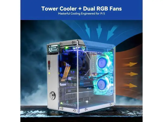 Alt view image 4 of 5 - Pironman 5 NVMe M.2 SSD PCIe Mini PC Case for Raspberry Pi 5 Hailo-8L AI Accelerator with Tower Cooler+Dual RGB Fans, 0.96'' OLED Module, Safe Shutdown, Standard HDMI, RGB Effect, Stylish Design