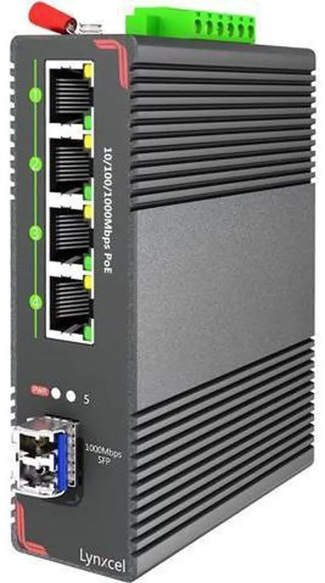 Main image of Lynxcel 5-Port Industrial PoE Gigabit Din Rail Ethernet Switch, 4 x Gigabit PoE+ Ports, 65W PoE 48V Output, 1 x SFP Gigabit Slot with One Gigabit SFP LC Module, IP40 Unmanaged, with Power Supply