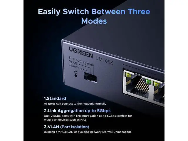 Alt view image 4 of 7 - 2.5Gb Switch, 6-Port Ethernet Switch, 5 x 2.5Gb + 1 x 10Gb SFP+, Standard/Link Aggregation to 5Gbps/VLAN 3 Modes, Plug & Play Metal Unmanaged Ethernet Splitter, Desktop/Wall Mount, for NAS, PC