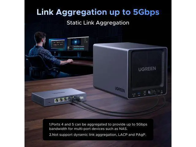Alt view image 6 of 7 - 2.5Gb Switch, 6-Port Ethernet Switch, 5 x 2.5Gb + 1 x 10Gb SFP+, Standard/Link Aggregation to 5Gbps/VLAN 3 Modes, Plug & Play Metal Unmanaged Ethernet Splitter, Desktop/Wall Mount, for NAS, PC