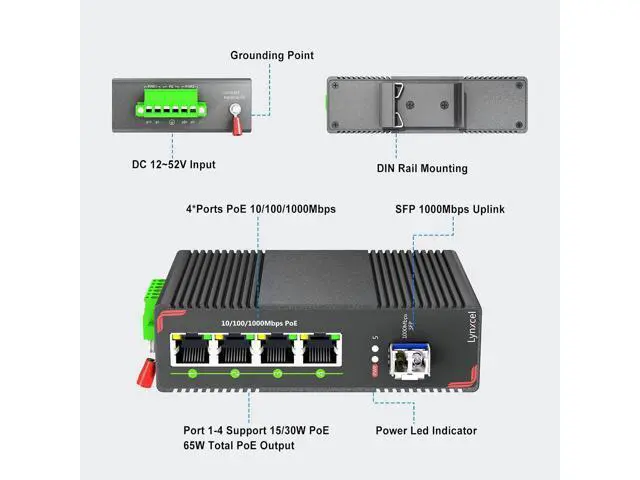 Alt view image 2 of 7 - Lynxcel 5-Port Industrial PoE Gigabit Din Rail Ethernet Switch, 4 x Gigabit PoE+ Ports, 65W PoE 48V Output, 1 x SFP Gigabit Slot with One Gigabit SFP LC Module, IP40 Unmanaged, with Power Supply