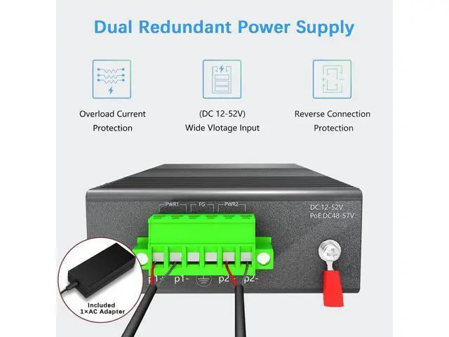 Alt view image 4 of 7 - Lynxcel 5-Port Industrial PoE Gigabit Din Rail Ethernet Switch, 4 x Gigabit PoE+ Ports, 65W PoE 48V Output, 1 x SFP Gigabit Slot with One Gigabit SFP LC Module, IP40 Unmanaged, with Power Supply